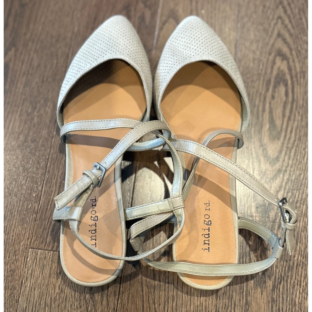 Indigo rd Irgenetica Gray Taupe Perforated Pointed Toe Ankle Strap Flat Sandals